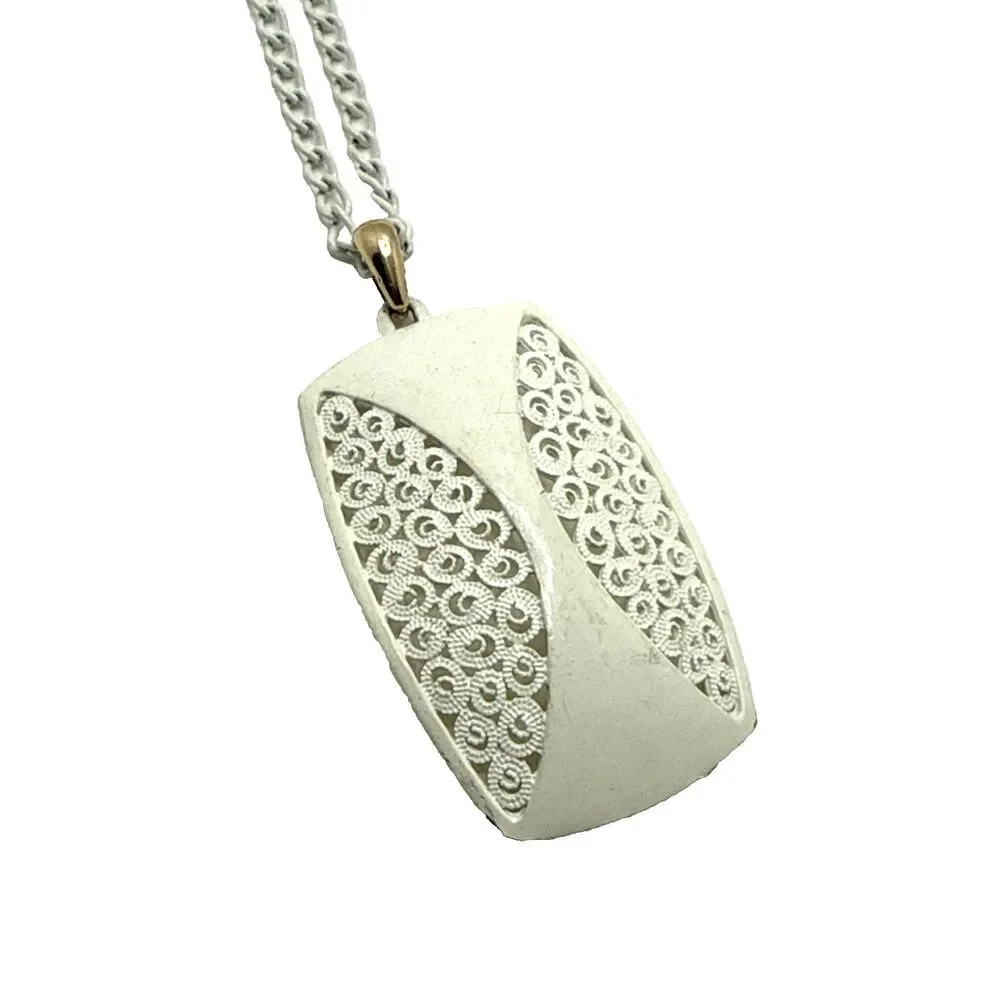 Vintage MCM White Enameled Metal Pendant Necklace Filigree Statement 31